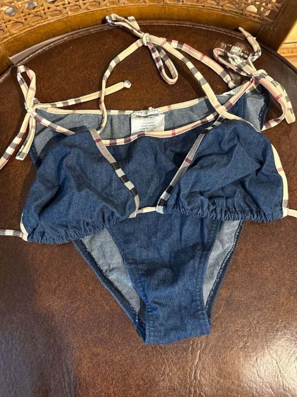 Burberry London Denim Nova Check Trim Triangle Bikini Set Size M
